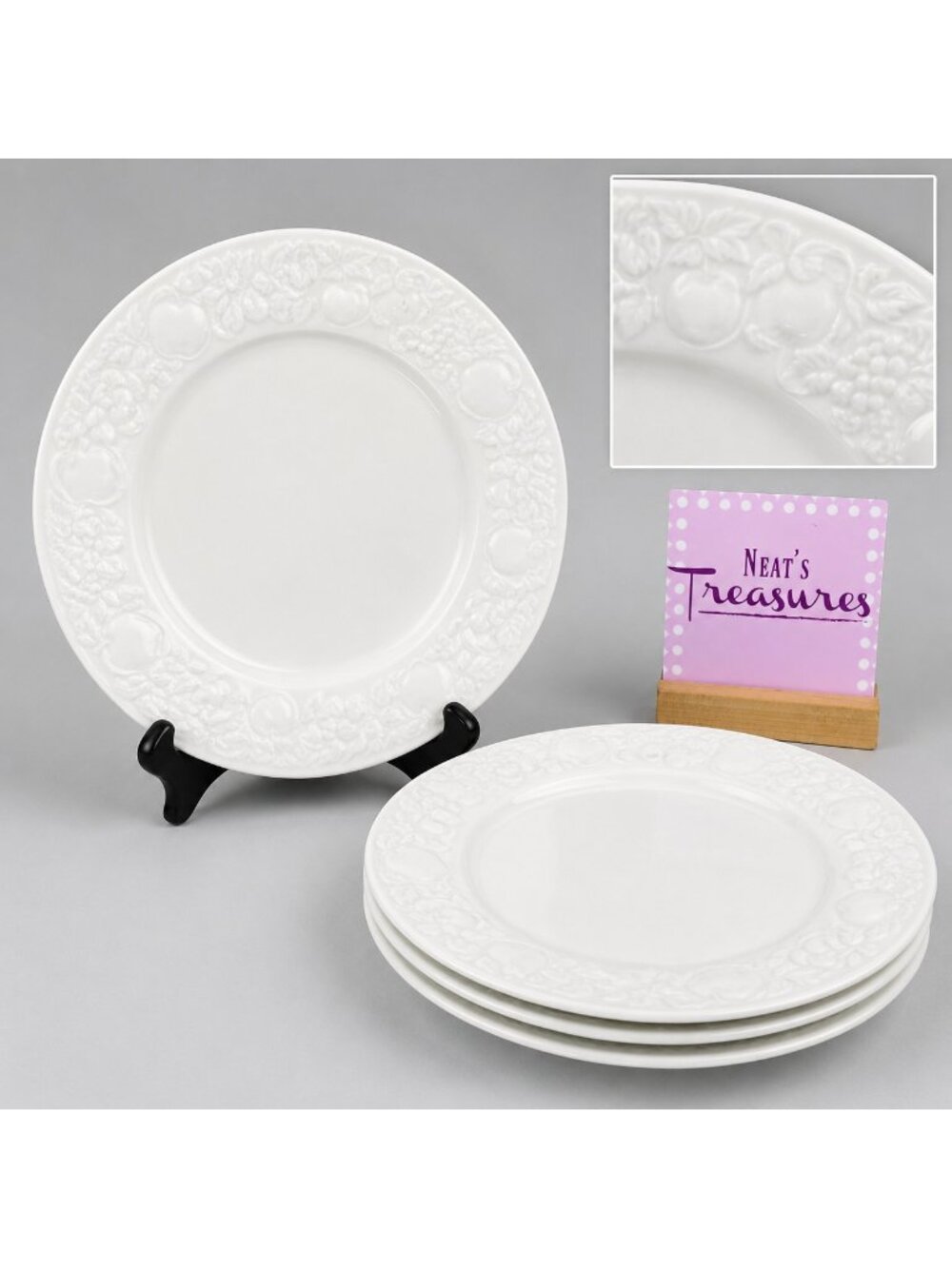 Thomson Pottery FRUIT GARDEN Embossed Fruit White Earthenware Salad Plates Set 4